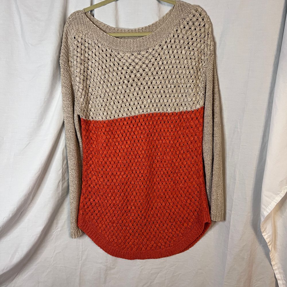 Soft‎ Surroundings womens loose knit colorblock tan orange ls sweater Size Large